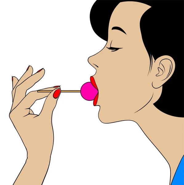 Woman sucking round pink lollipop in her hand — 스톡 벡터