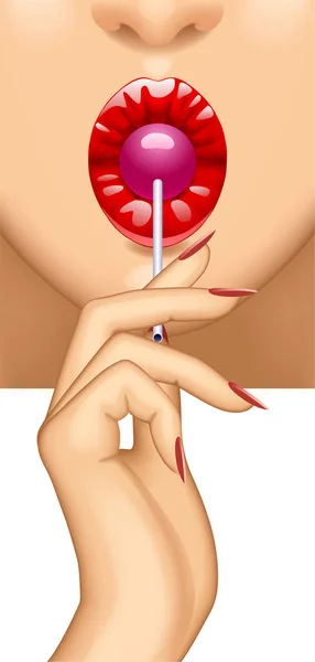 Женские красные губы сосут розовый леденец в ее руке — стоковый вектор