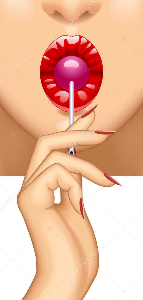 Woman's red lips sucking round pink lollipop in her hand