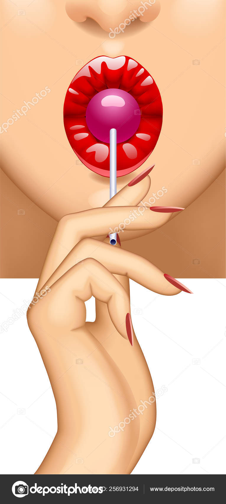 рисунки сосут Женские красные губы сосут розовый леденец в ее руке Стоковый вектор ©maystra 256931294