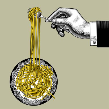 Çatallı erkek eli yuvarlak bir tabaktan uzun spagetti alır