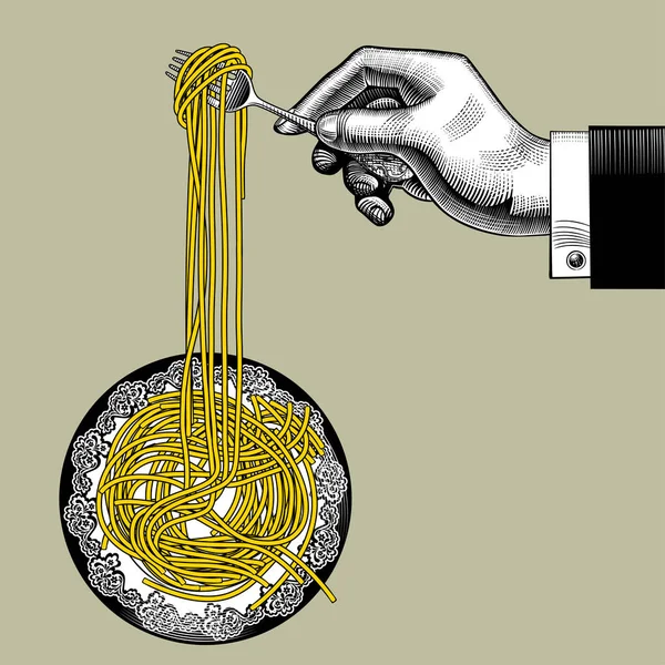 La mano masculina con un tenedor toma espaguetis largos de un plato redondo — Vector de stock