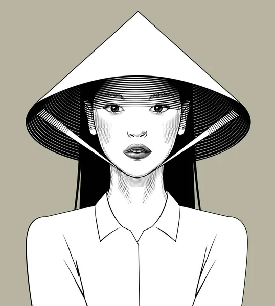 Oriental chica en asiático cónico sombrero — Vector de stock