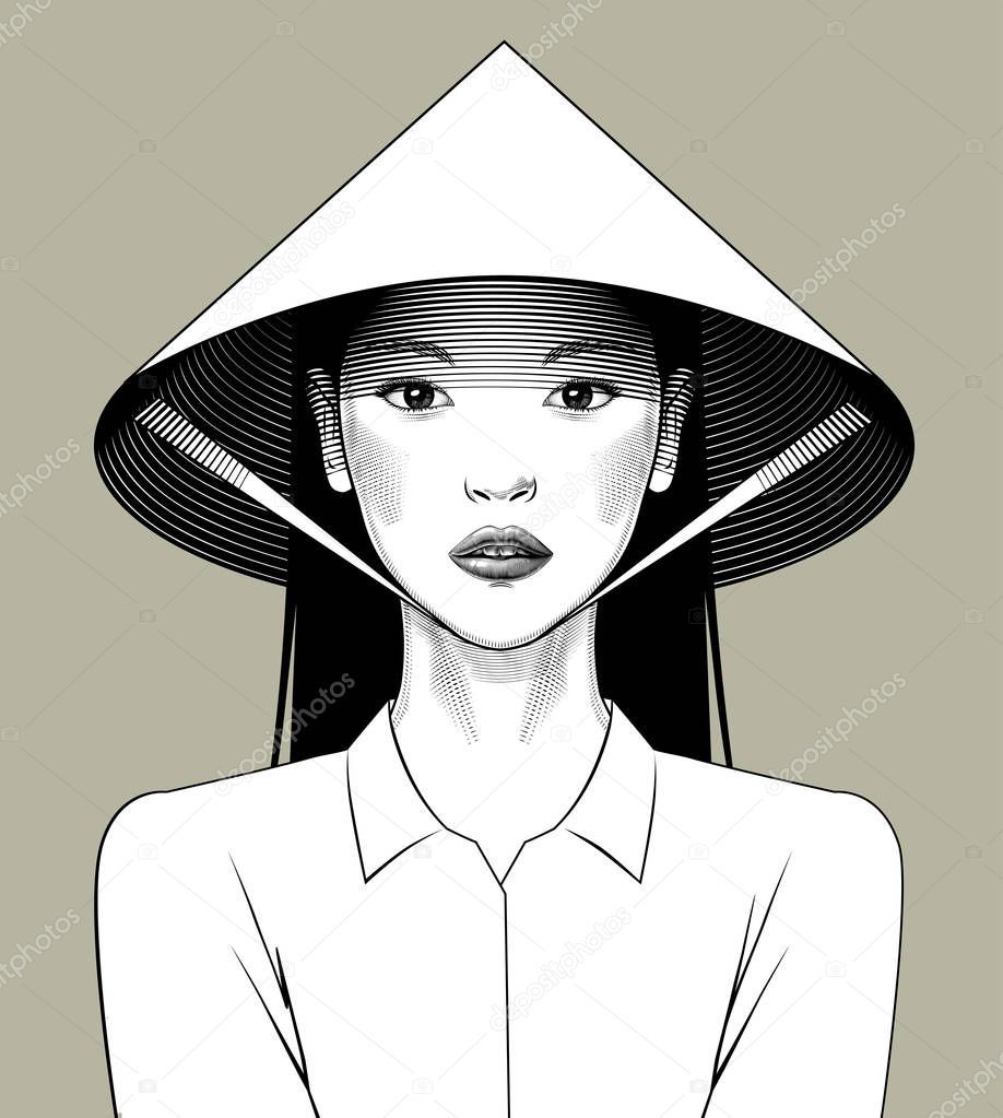 Eastern girl in asian conical hat