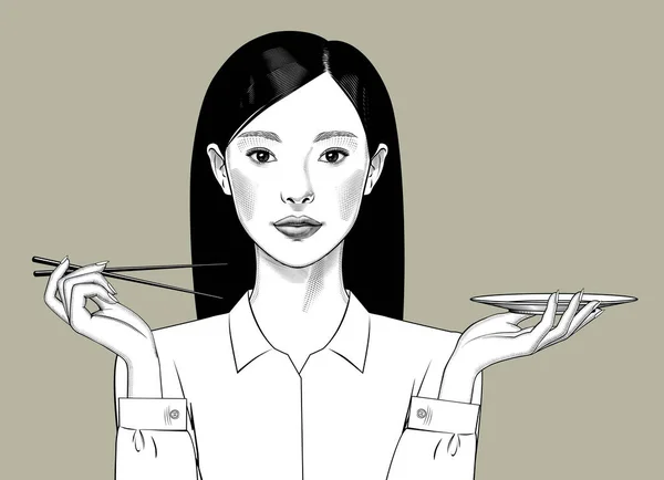 Oriental chica con el pelo largo sostiene palillos y plato en sus manos — Vector de stock