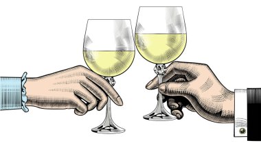 Eller şarap ile bardak clink.