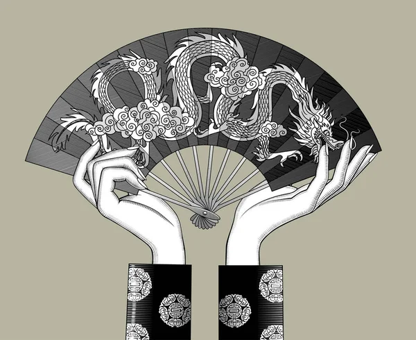 Жіночі руки тримають китайський вентилятор — стоковий вектор
