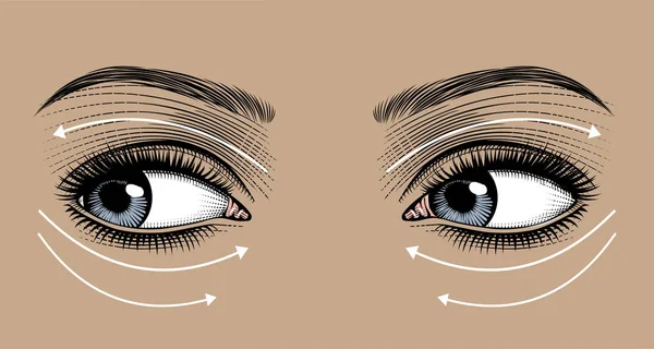 Instruções de massagem facial para olhos inchados e rugas de mulher bonita — Vetor de Stock