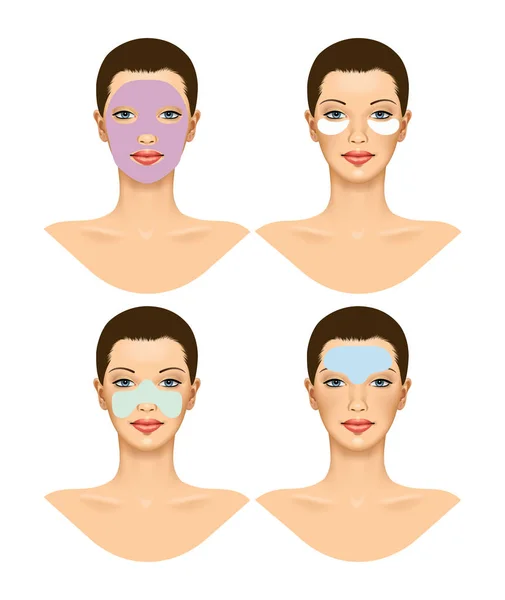 Hermosa mujer joven con diferentes máscaras faciales . — Vector de stock