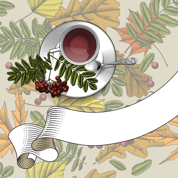 Coupe avec thé, petite soucoupe à cuillère et branche de rowan avec une bannière de ruban rétro . — Image vectorielle