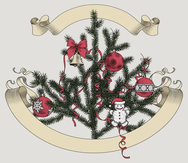 Weihnachtsbaum mit Bändern und Ornamenten und Retro-Banner. — Stockvektor