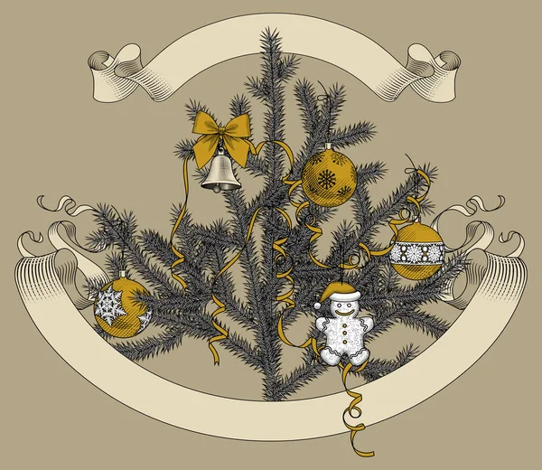 Рождественская елка с лентами и орнаментами и баннером ретро-ленты . — стоковый вектор