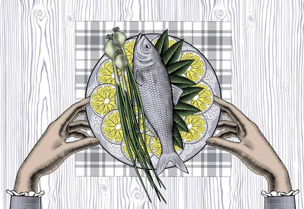Dilimlenmiş Limonlu Balık Tabakta Gökkuşağı Alabalığı Talyan Restoranının Posteri Menünün — Stok Vektör