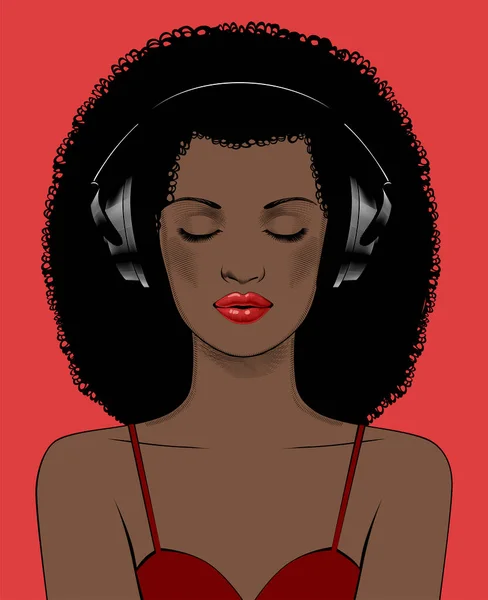 若いアフリカ人女性の顔がヘッドフォンで 女の子は音楽を聞いています 音楽療法 ミュージシャンのアバター側のビュー ベクターイラスト — ストックベクタ