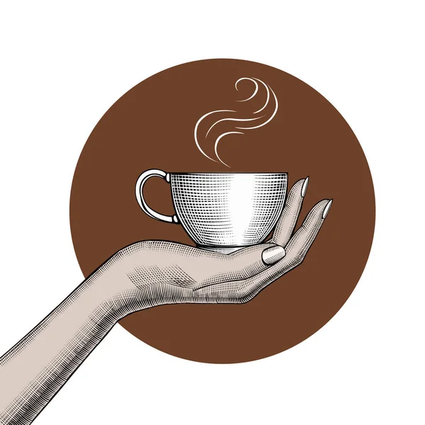 Frauen Halten Eine Kaffeetasse Der Hand Vintage Stilisierte Zeichnung Vektorillustration — Stockvektor