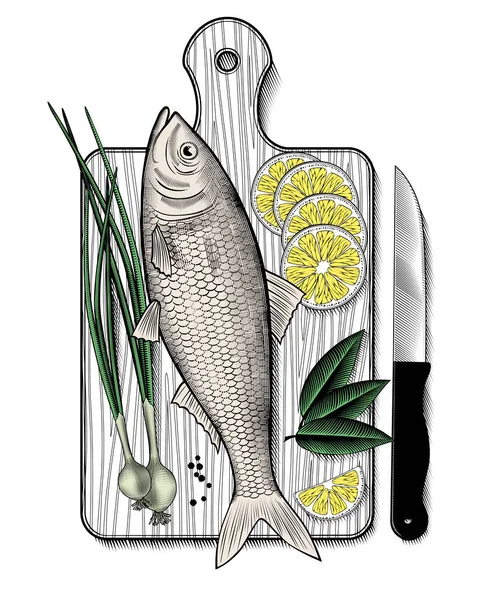 Fresh Fish Spices Lemon Herbs Green Onions Wooden Board View — Stock Vector