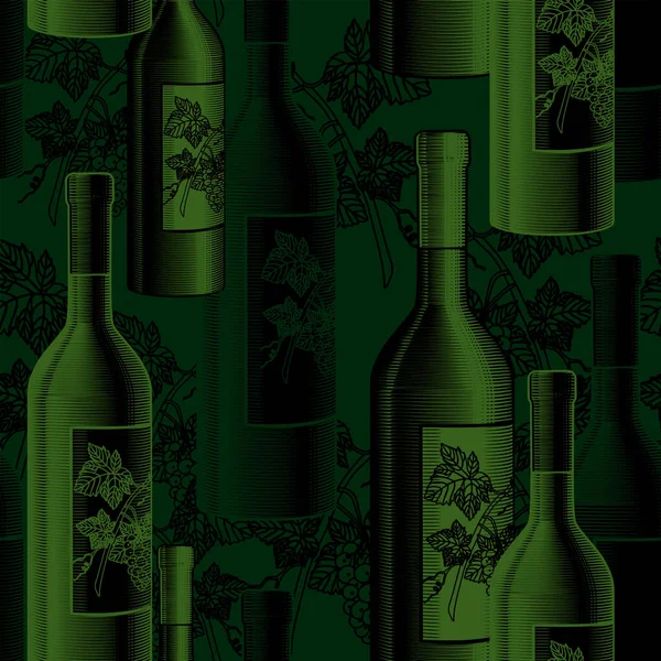 ワインボトルのシームレスな背景 ヴィンテージ彫刻黒と白の様式化された図面 ベクターイラスト — ストックベクタ