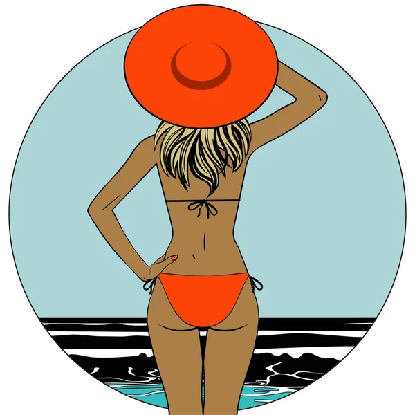 Vacanze Estive Mare Giovane Donna Rilassante Sulla Spiaggia Illustrazione Stile — Vettoriale Stock