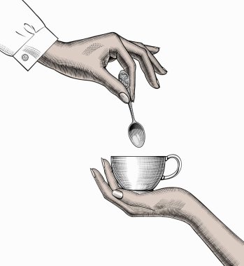 Favori sabah kahvesi. Kadınların elleri Kupa 'yı tutar. Kahve konsepti. Eski stil bir çizim. Vektör illüstrasyonu