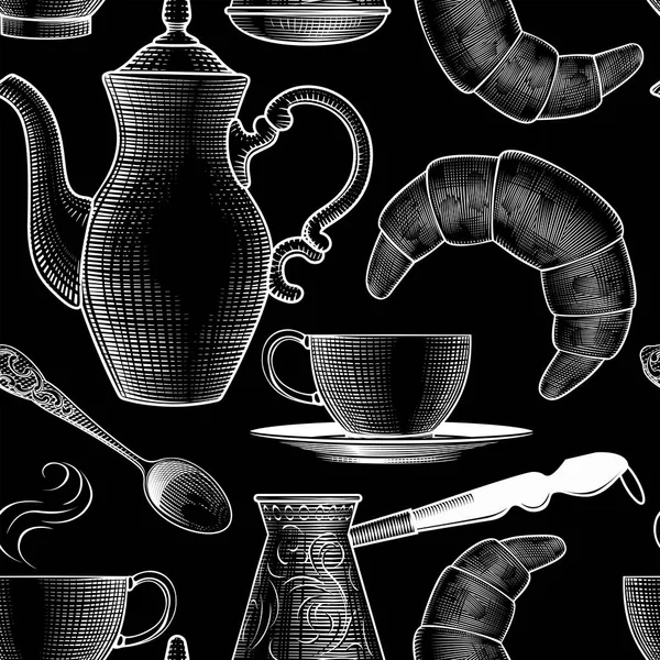 Entorno Sin Costuras Café Dibujo Vintage Grabado Blanco Negro Una — Archivo Imágenes Vectoriales