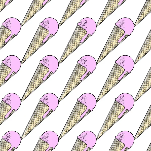 Strawberry Ice Cream Waffle Cone Seamless Background Pattern Ice Cream — Stock Vector
