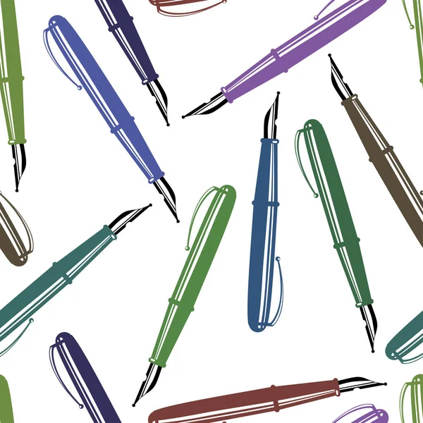 オフィスや教育のためのアイテムのシームレスな背景 多色のペンのパターン 学校の備品だ 様式化された図面の彫刻 ベクターイラスト — ストックベクタ
