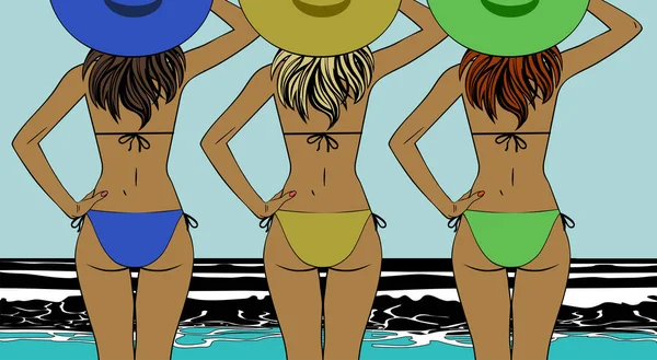 Καλοκαιρινές Διακοπές Στη Θάλασσα Τρεις Νεαρές Γυναίκες Χαλαρώνουν Στην Παραλία — Διανυσματικό Αρχείο
