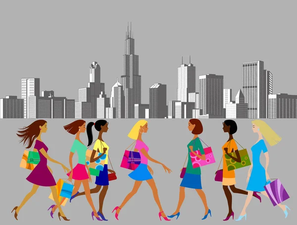 Women in a modern city, metropolis. — Stock Vector