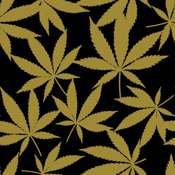Cannabis Marihuana Bladeren Goud Met Hand Getekend Naadloos Patroon Vectorillustratie — Stockvector