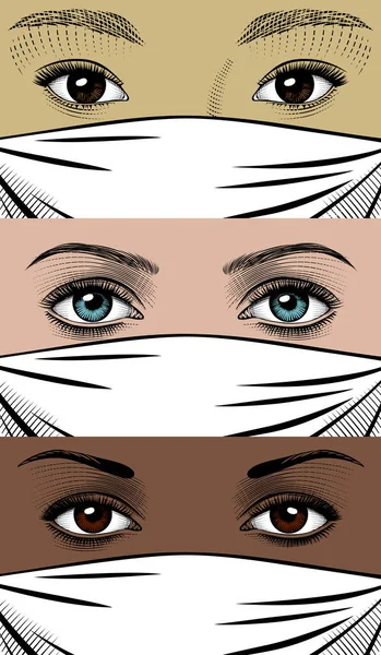 Beautiful women of different nationalities in a medical mask. — Stock Vector