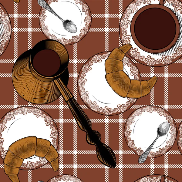 Sömlös bakgrund med en turkisk cezve pott, kopp varm dryck, kaffesked, kaffepanna — Stock vektor