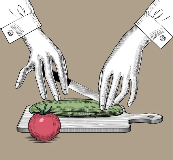 Manos Femeninas Con Cuchillo Verduras Tabla Cortar Madera Dibujo Estilizado — Vector de stock