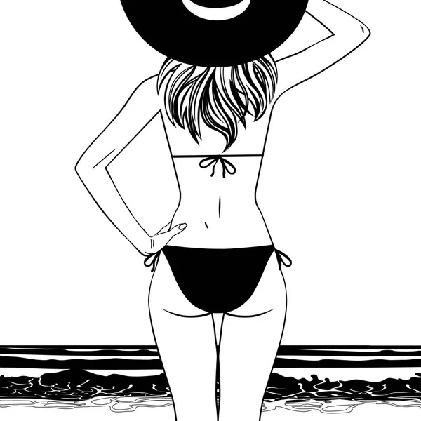 Chica Delgada Traje Baño Sombrero Desde Espalda Playa Mirando Mar — Vector de stock