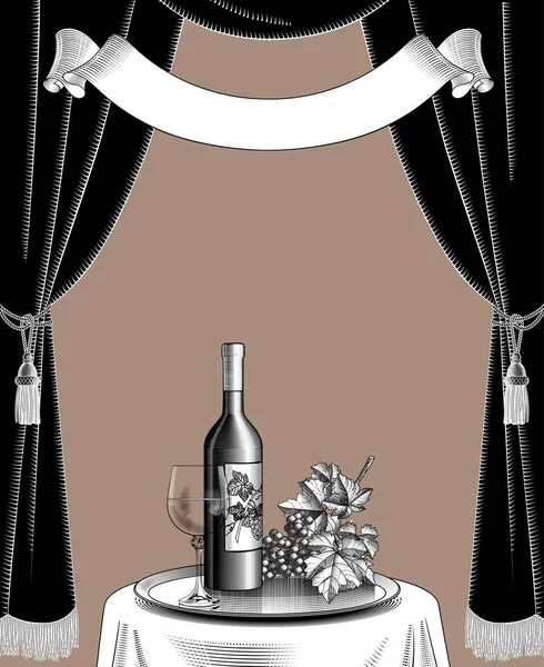 Πρότυπο Λίστα Κρασιών Σταφύλια Κουρτίνα Μπουκάλι Ποτήρι Κρασιού Και Κορδέλα — Διανυσματικό Αρχείο