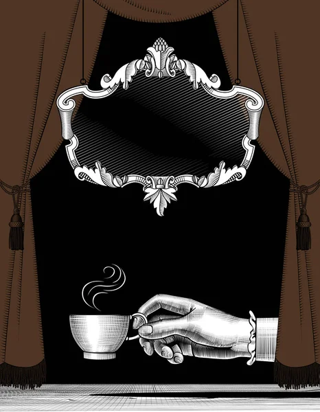 Female Hand Cup Coffee Brown Curtain Black Background Classic Decorative — Stock Vector