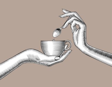 Kahve fincanı ve kaşıkla kadın elleri. Vintage oyma stili çizim. Vektör illüstrasyonu