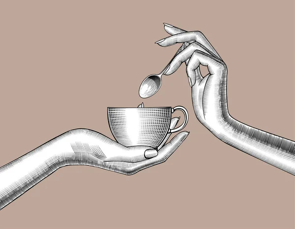 コーヒーカップとスプーンで女性の手 ヴィンテージ彫刻様式化された図面 ベクターイラスト — ストックベクタ