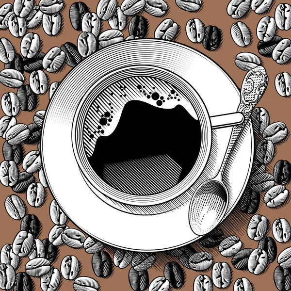 Top View White Cup Spoon Coffee Beans Background Vintage Stylized — Stock Vector