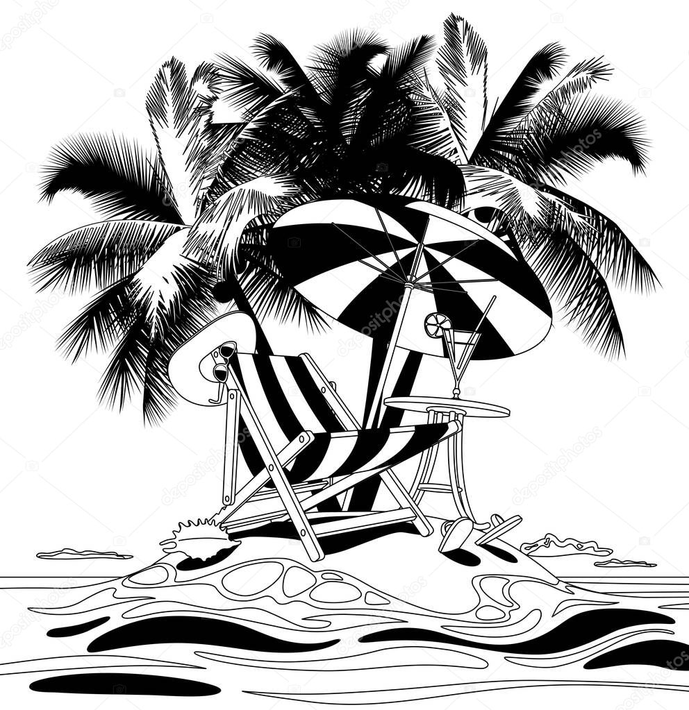 Tropical island with beach chair, umbrella and table, fruity cocktail, hat and shell under the palms. Linear comic black and white stylized drawing. Vector illustration