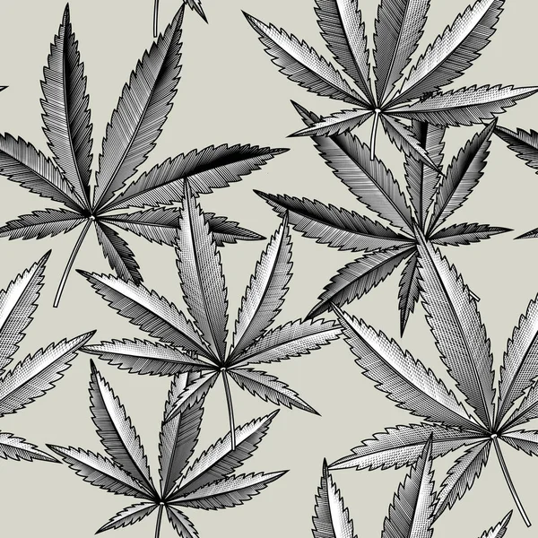 Cannabis Hinterlässt Nahtlose Muster Hintergrund Vintage Stich Schwarz Weiß Stilisierte — Stockvektor