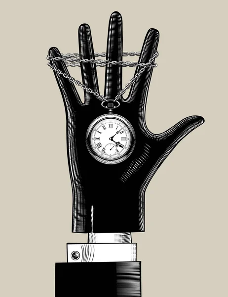 Hand Hand Schwarzer Handschuh Mit Retro Taschenuhr Vintage Stilisierte Zeichnung — Stockvektor