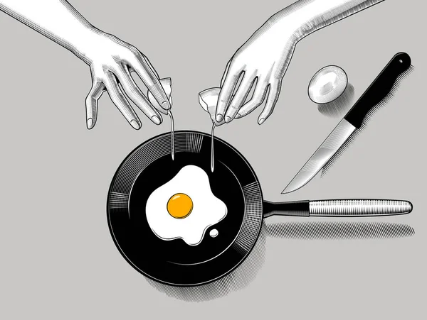 Las Manos Femeninas Rompen Huevo Cocinan Los Huevos Fritos Sartén — Archivo Imágenes Vectoriales