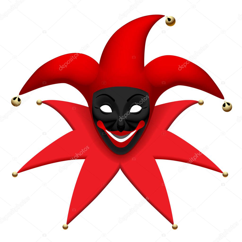 Black Joker mask in red jester hat isolated on white. Three Dimensional stylized drawing. Vector illustration
