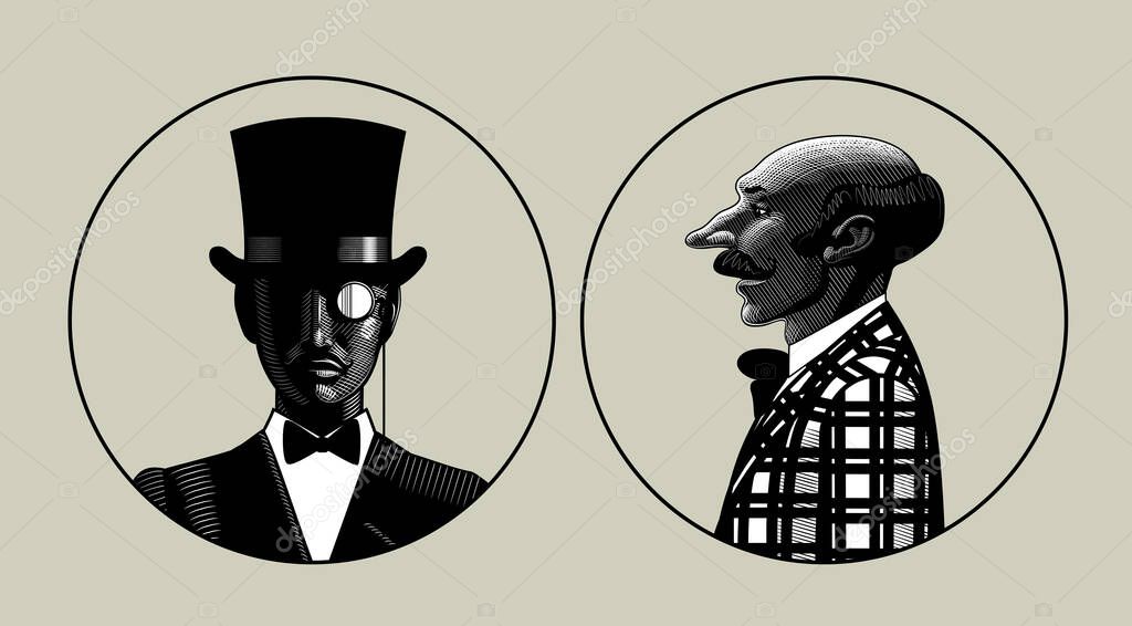 Two portraits of men in retro suit in round frames. Vintage engraving stylized drawing. Vector illustration