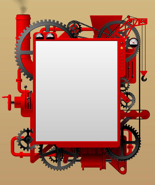 Red complex iron fantastic machine-shaped frame with a white screen on yellow background. Steampunk style template, poster and techno symbol. Vector