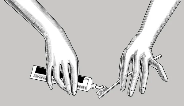 Жіночі Руки Стискають Зубну Пасту Трубки Зубну Щітку Урожай Гравірування — стоковий вектор
