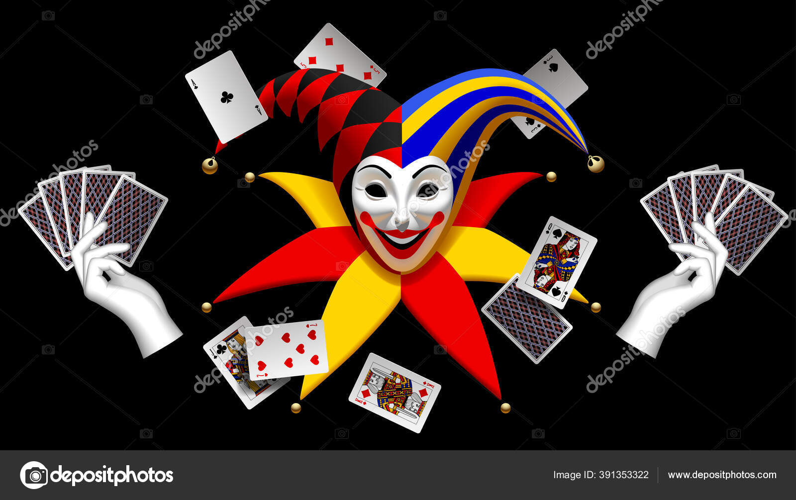 Joker Head Cap Bells White Gloves His Hands Flying Playing Stock ©maystra #391353322