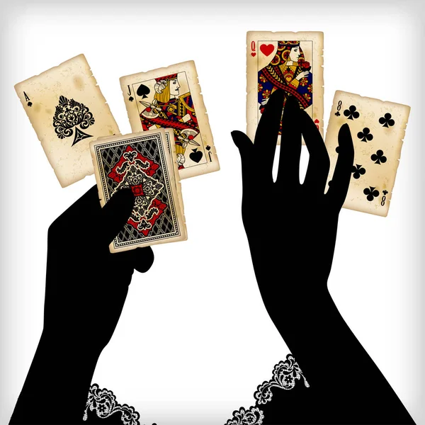 Schwarze Silhouette Weiblicher Hände Die Die Alten Spielkarten Auslegen Vektorillustration — Stockvektor