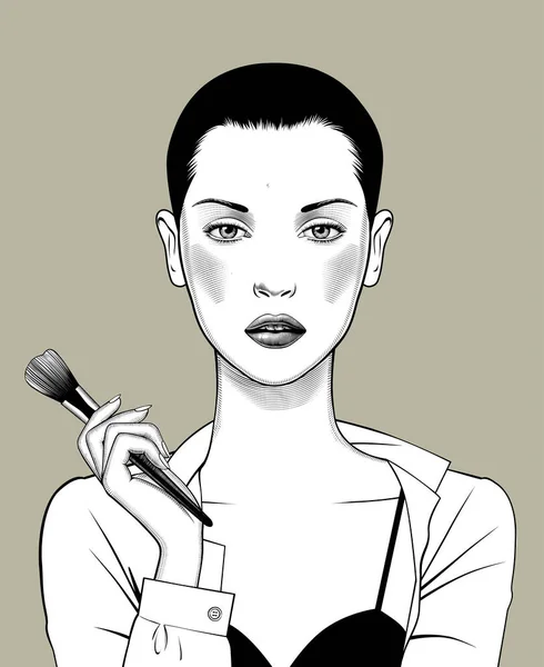 Chica Con Pelo Corto Sosteniendo Cepillo Maquillaje Mano Grabado Vintage — Archivo Imágenes Vectoriales