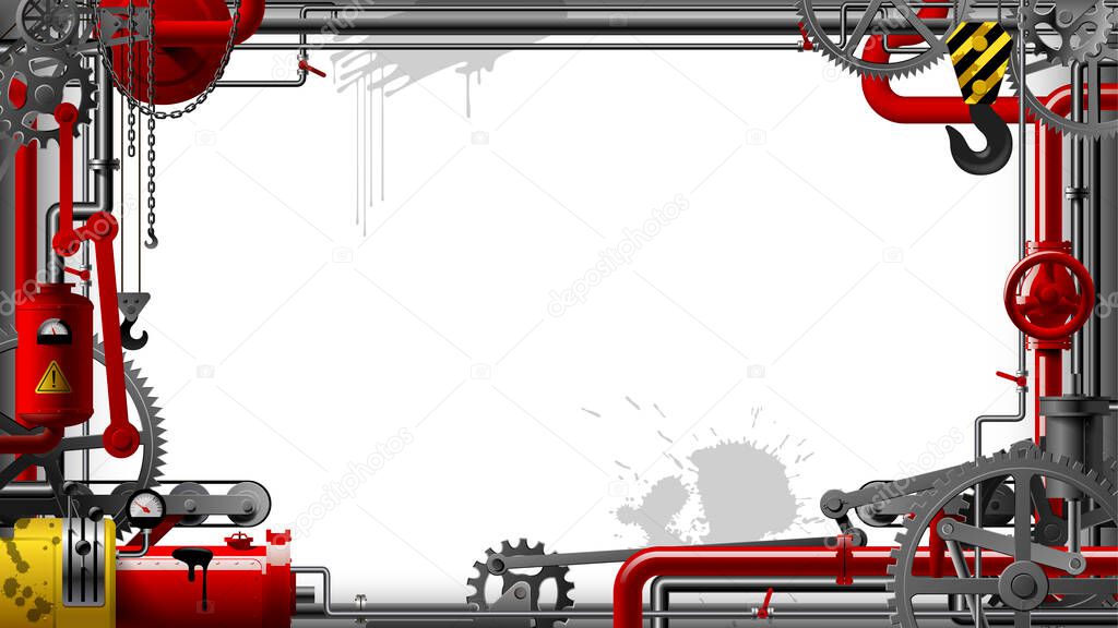 Industrial frame with gears, levers, pipes, meters, production line, flue and lifting crane. Symbol and metaphor of technology and industry. Vector